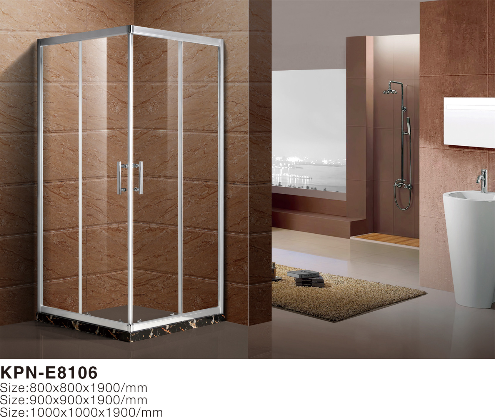 Square 6mm tempered glass 900x900x2000mm Bathroom Curved Corner Shower